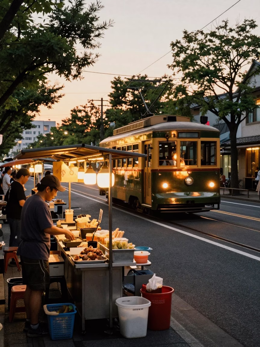 Food Stall at Sunset Light in Osaka in in Osaka, Japan