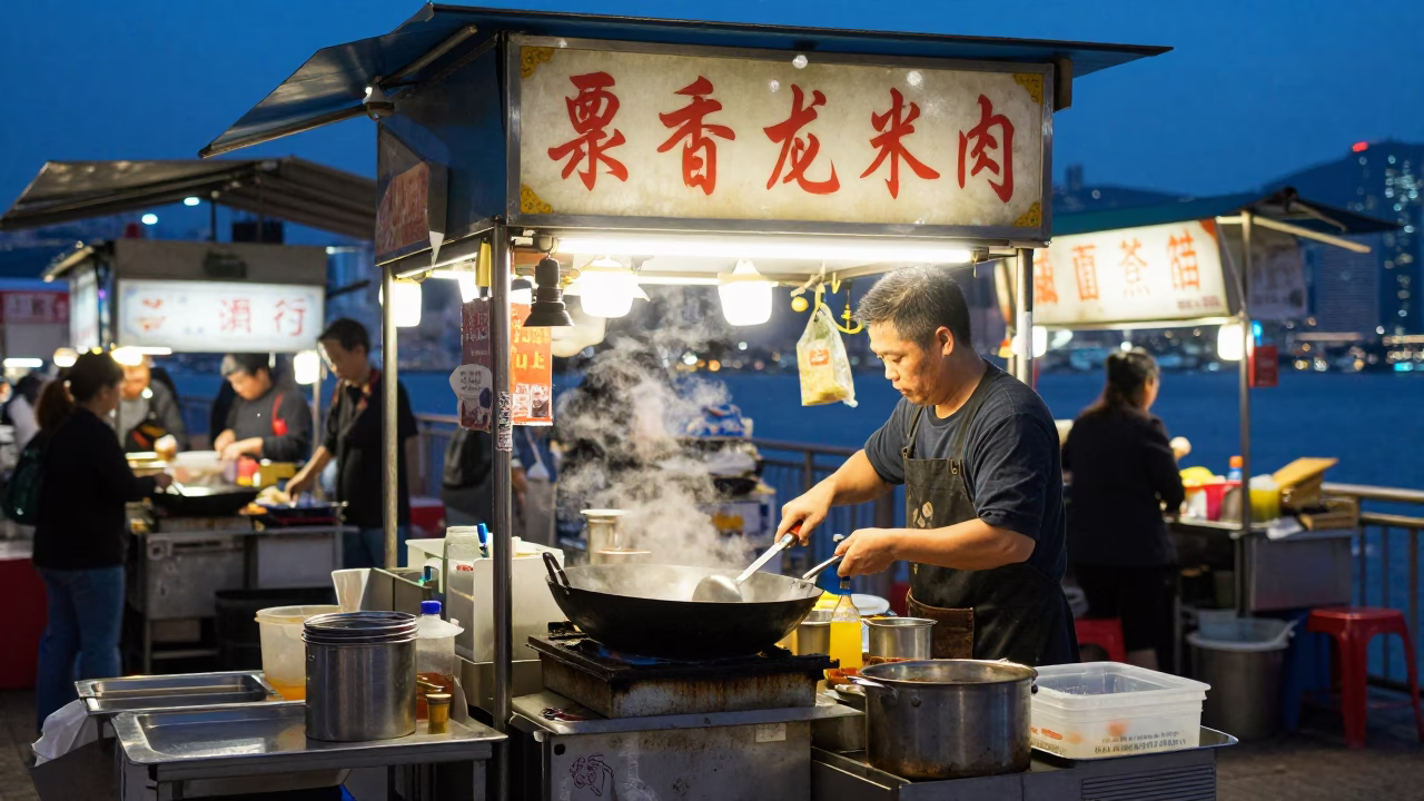 Food Stall at The Last Blue Light Of Evening in Hong Kong in in Hong Kong, Hong Kong