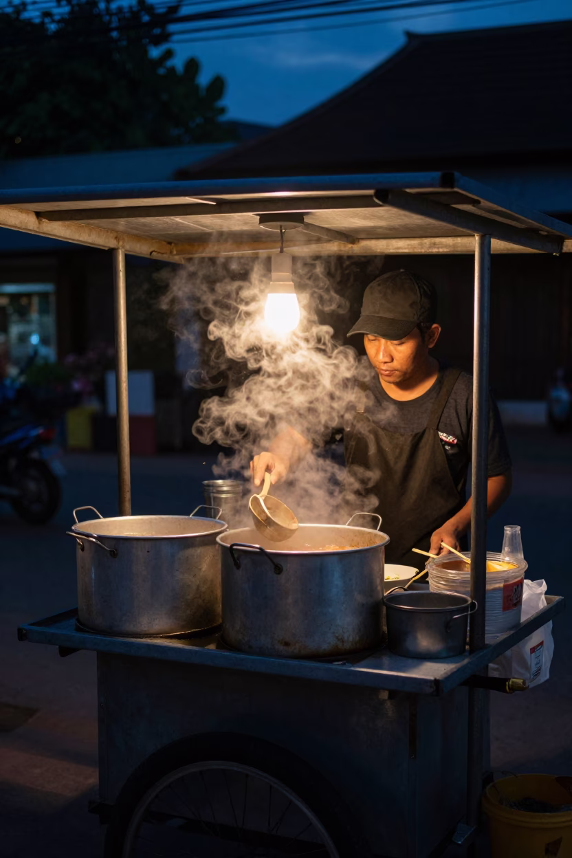 Food Stall at The Predawn Darkness Light in Chiang Mai in in Chiang Mai, Thailand