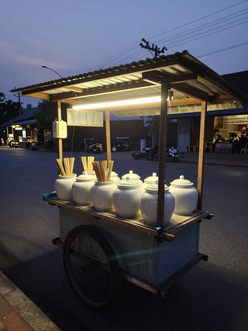Food Stall at The Still Hours Before Dawn Light in Chiang Mai in in Chiang Mai, Thailand