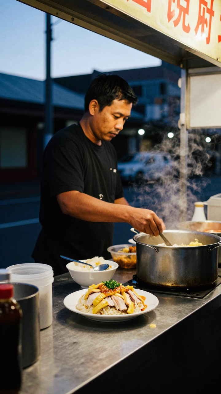 Food Stall at The Still Hours Before Dawn Light in Melbourne in in Melbourne, Victoria, Australia