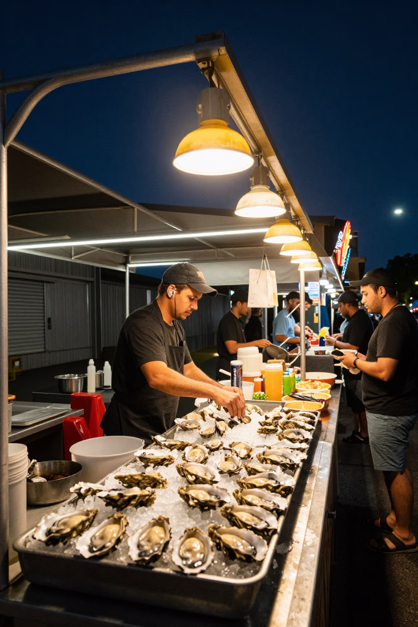 Food Stall in Adelaide at The Deepest Night Sky Light in in Adelaide, South Australia, Australia