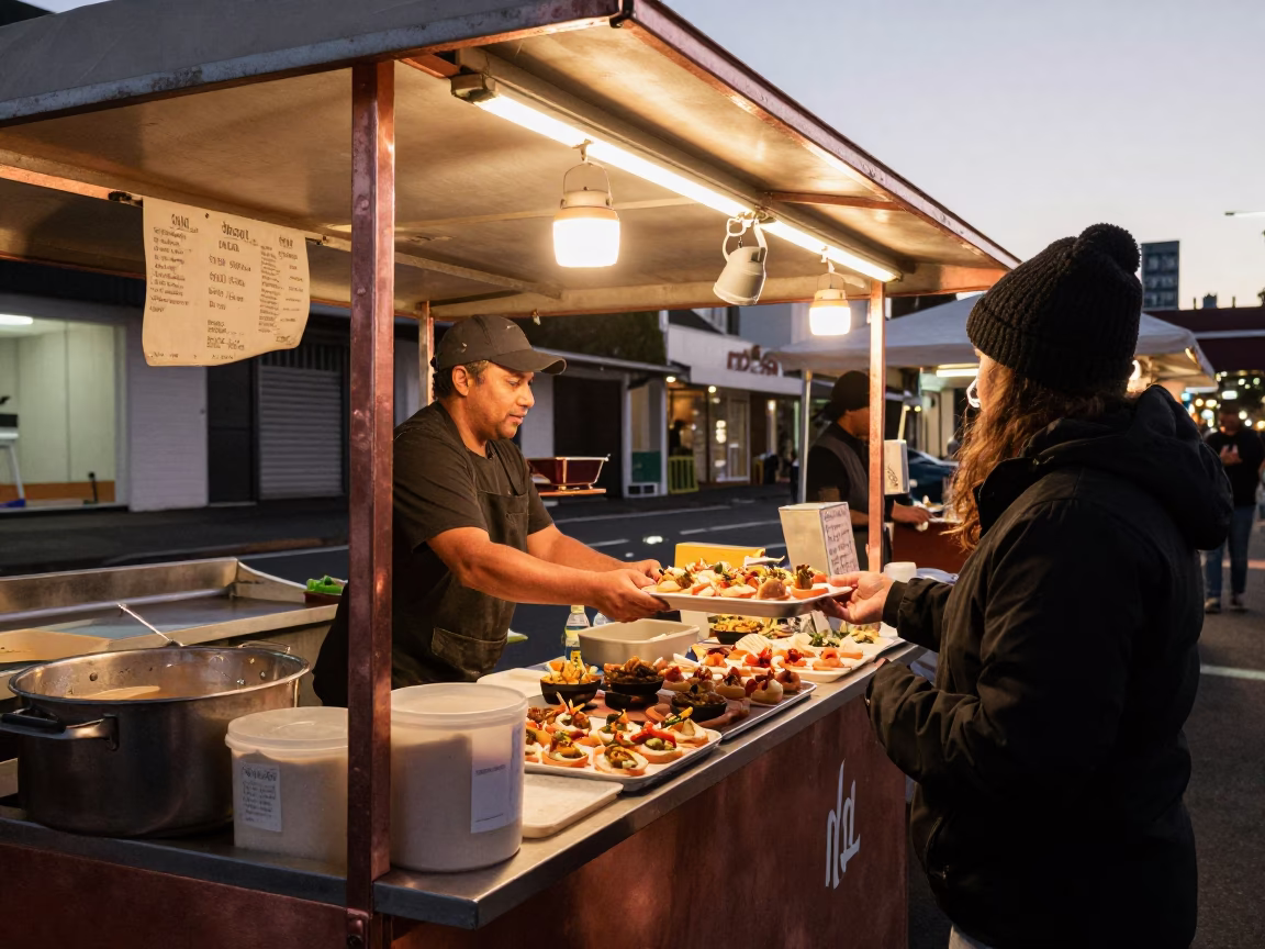 Food Stall in Auckland at Copper-toned Light Before Dusk in in Auckland, New Zealand