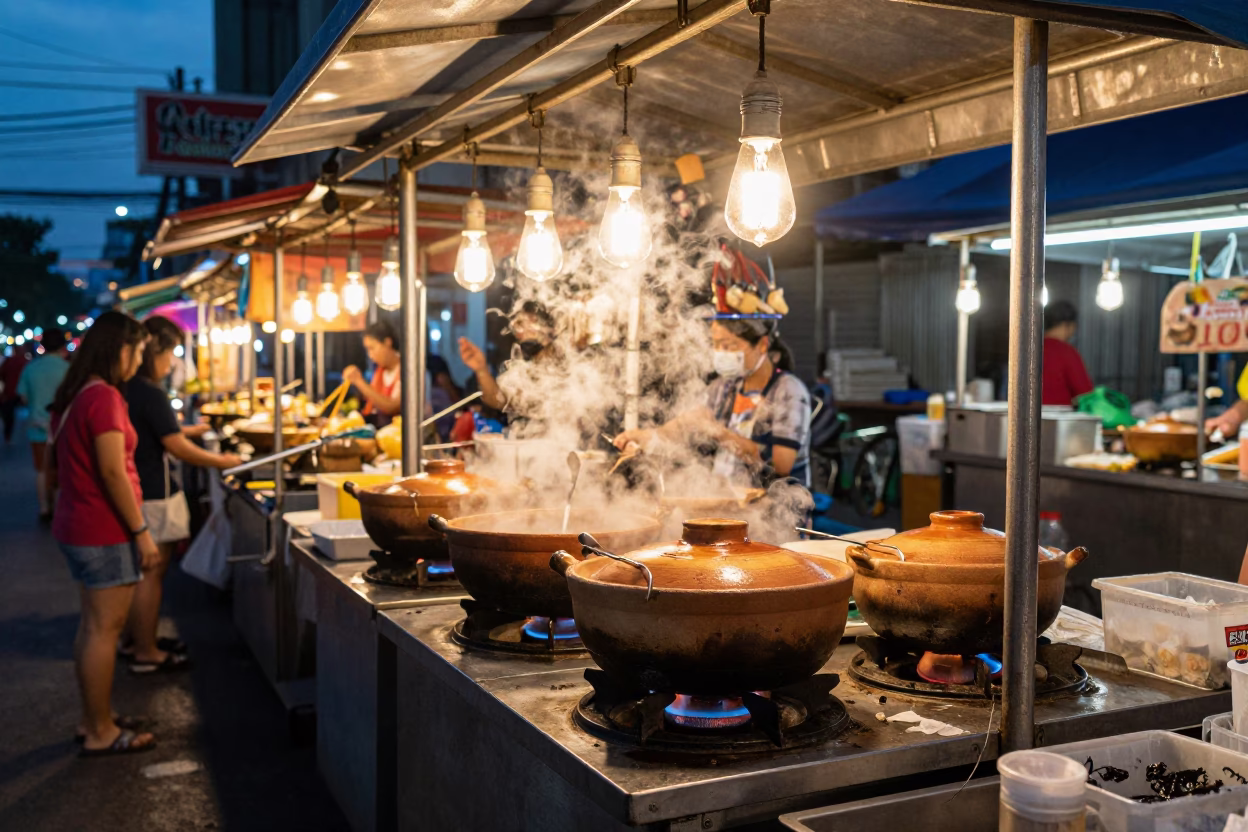 Food Stall in Bangkok at As City Lights Begin To Glow in in Bangkok, Thailand