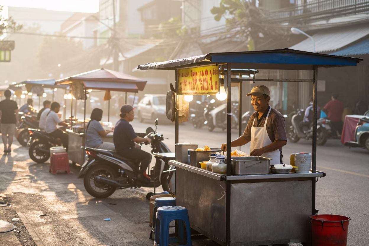 Food Stall in Bangkok at First Light Of Dawn in in Bangkok, Thailand