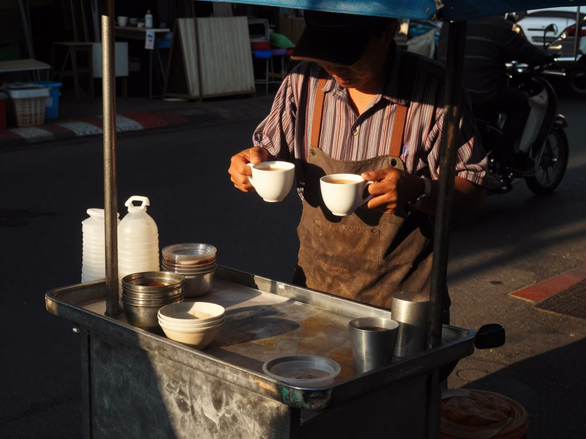 Food Stall in Bangkok at Honeyed Evening Light in in Bangkok, Thailand