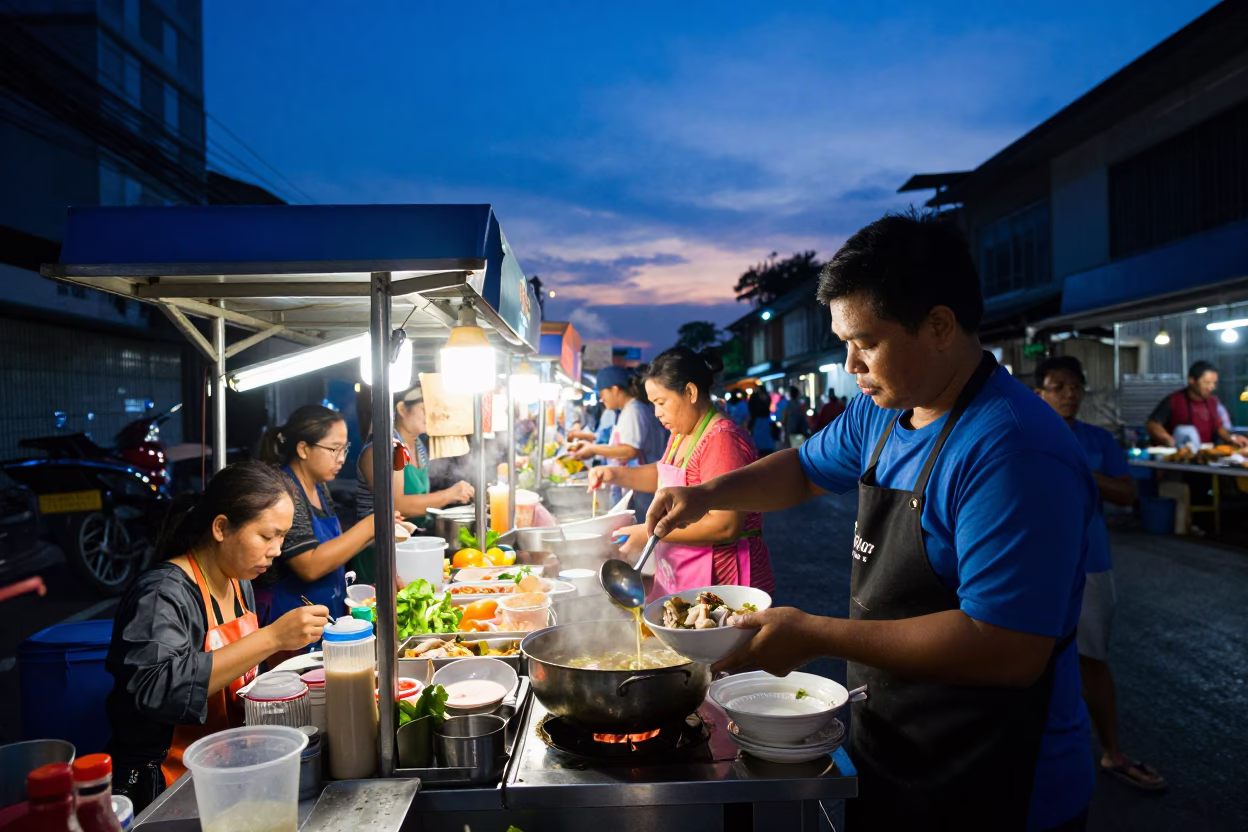 Food Stall in Bangkok at Indigo Twilight After Sunset in in Bangkok, Thailand