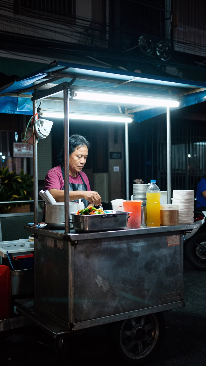 Food Stall in Bangkok at Late At Night Light in in Bangkok, Thailand