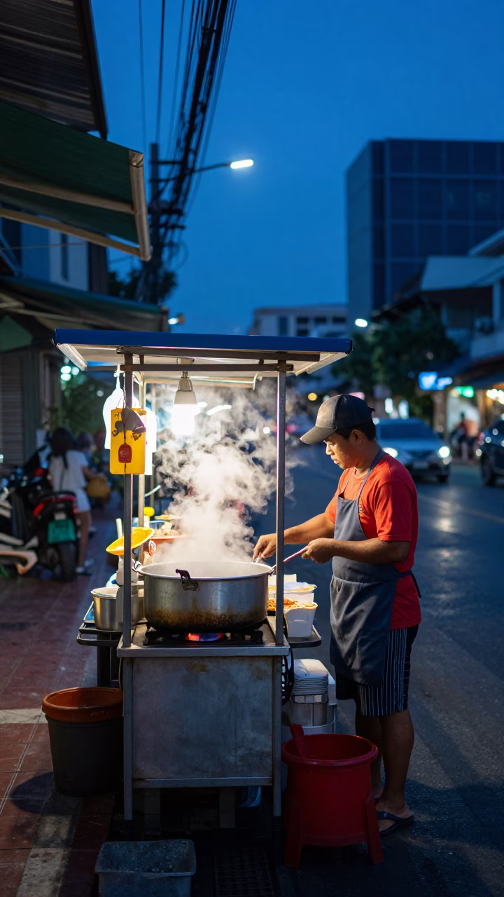 Food Stall in Bangkok at The Last Blue Light Of Evening in in Bangkok, Thailand