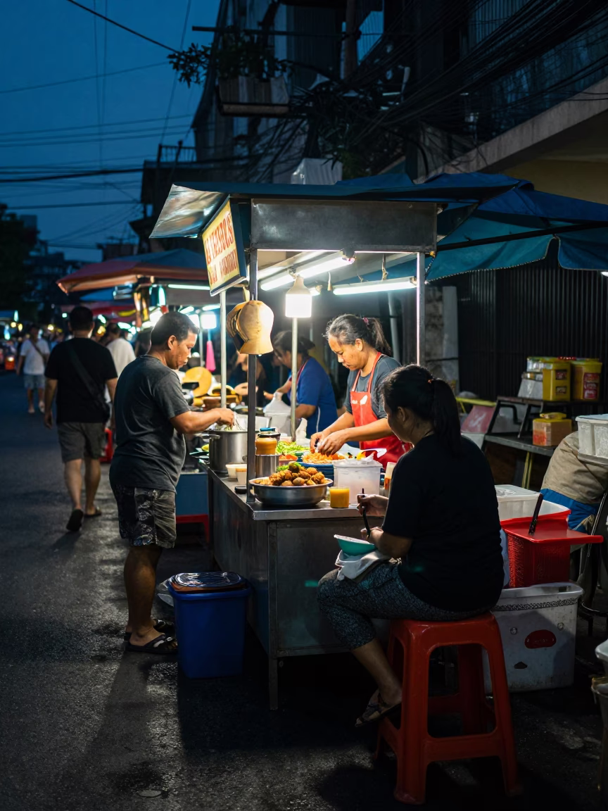Food Stall in Bangkok at The Predawn Darkness Light in in Bangkok, Thailand