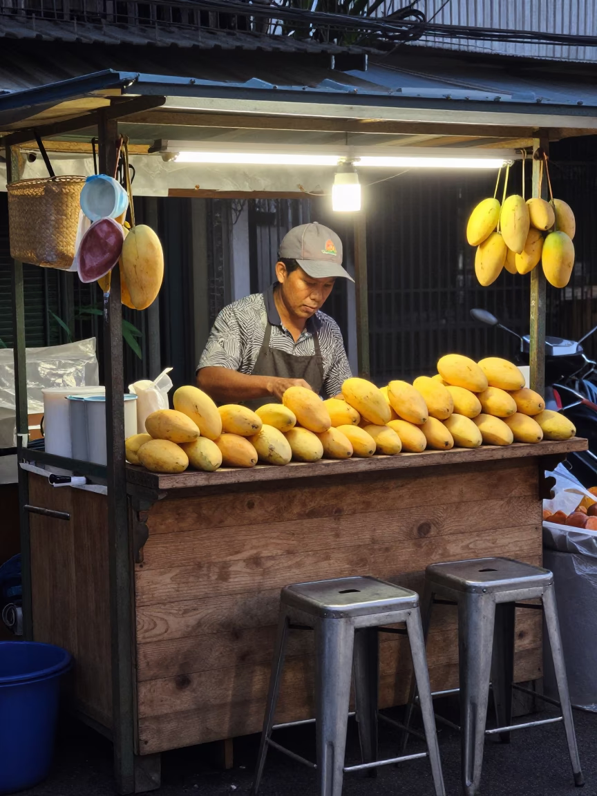 Food Stall in Bangkok at The Still Hours Before Dawn Light in in Bangkok, Thailand
