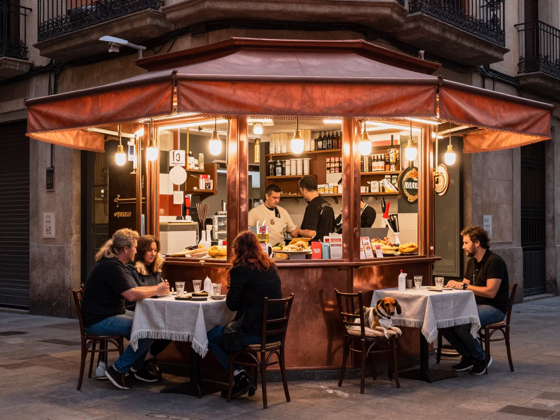 Food Stall in Barcelona at Copper-toned Light Before Dusk in in Barcelona, Spain