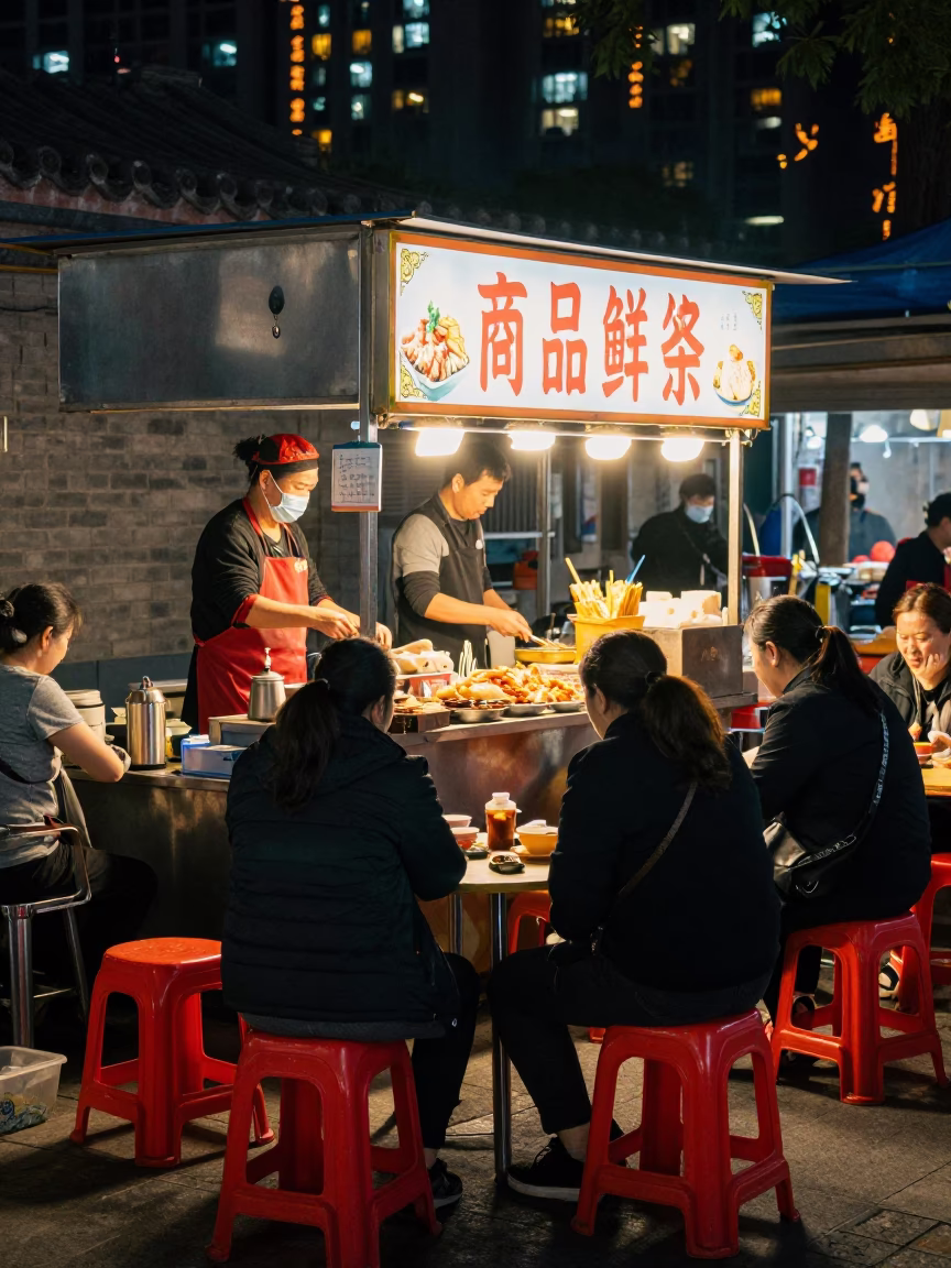 Food Stall in Beijing at As City Lights Begin To Glow in in Beijing, China