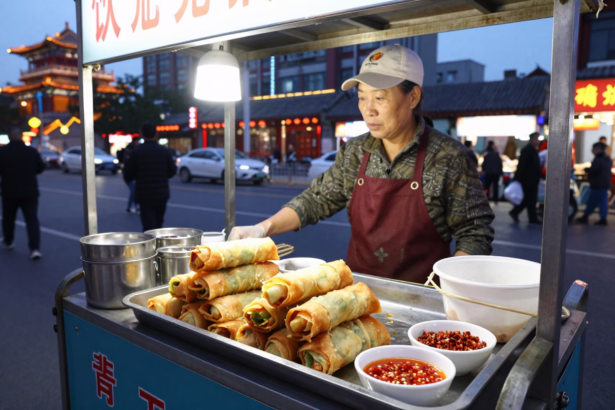 Food Stall in Beijing at As City Lights Begin To Glow in in Beijing, China