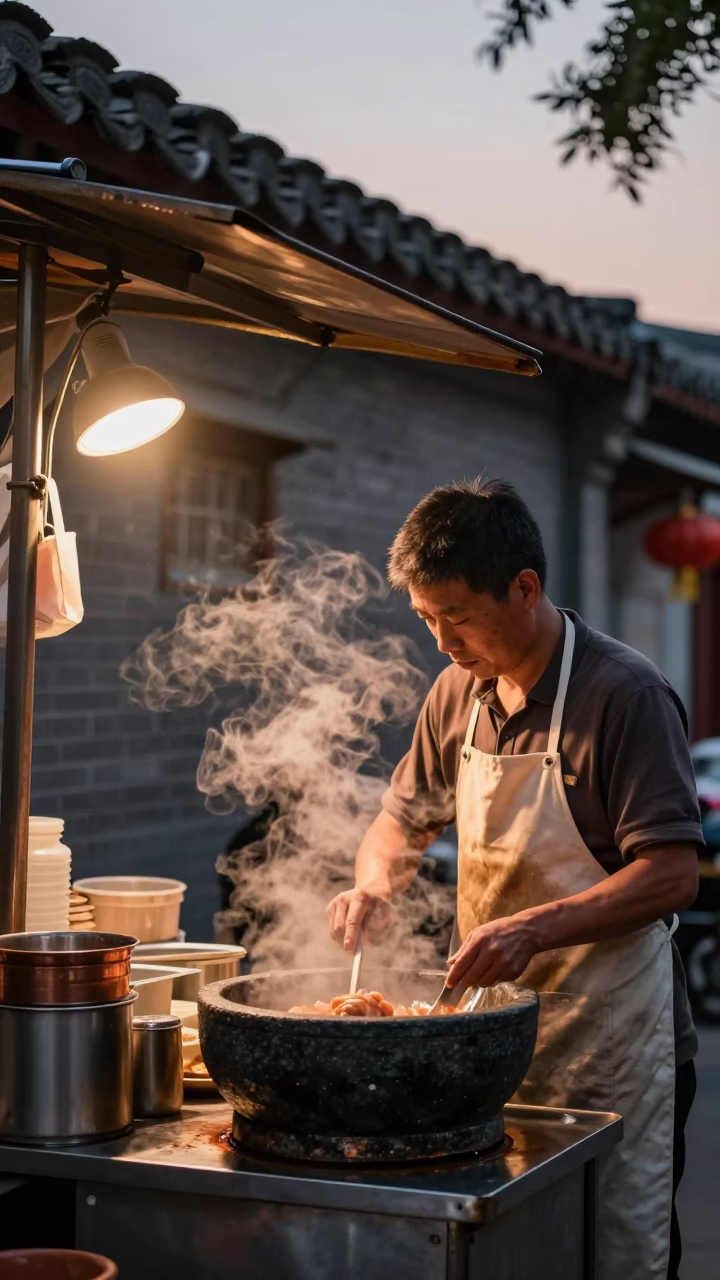 Food Stall in Beijing at Copper-toned Light Before Dusk in in Beijing, China
