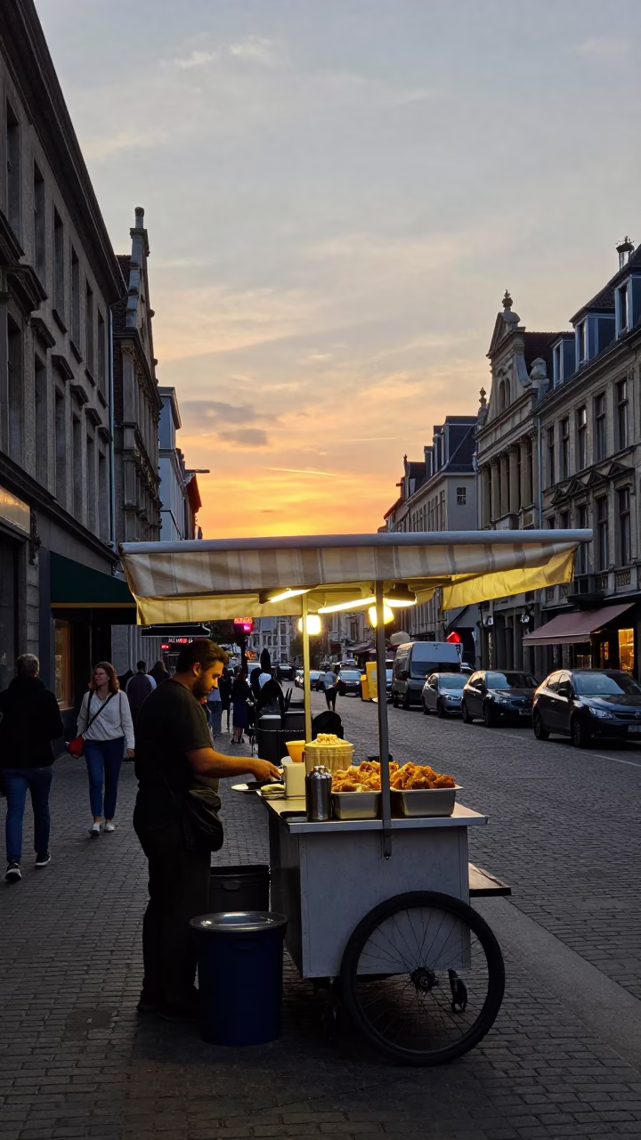 Food Stall in Brussels at As The Sun Drops Toward The Horizon in in Brussels, Belgium