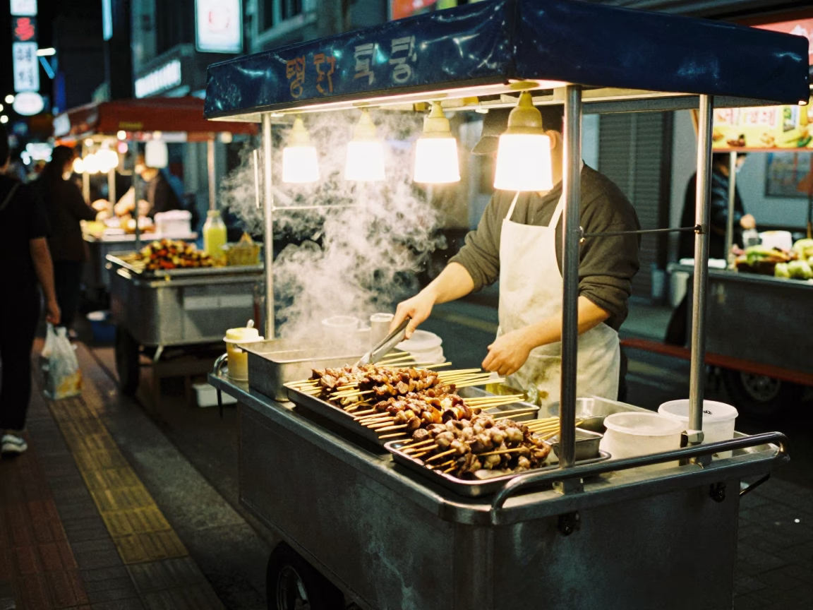 Food Stall in Busan at As City Lights Begin To Glow in in Busan, South Korea