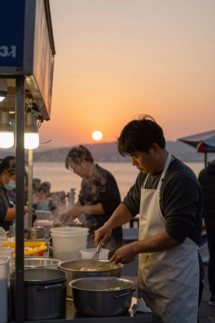 Food Stall in Busan at As The Sun Drops Toward The Horizon in in Busan, South Korea