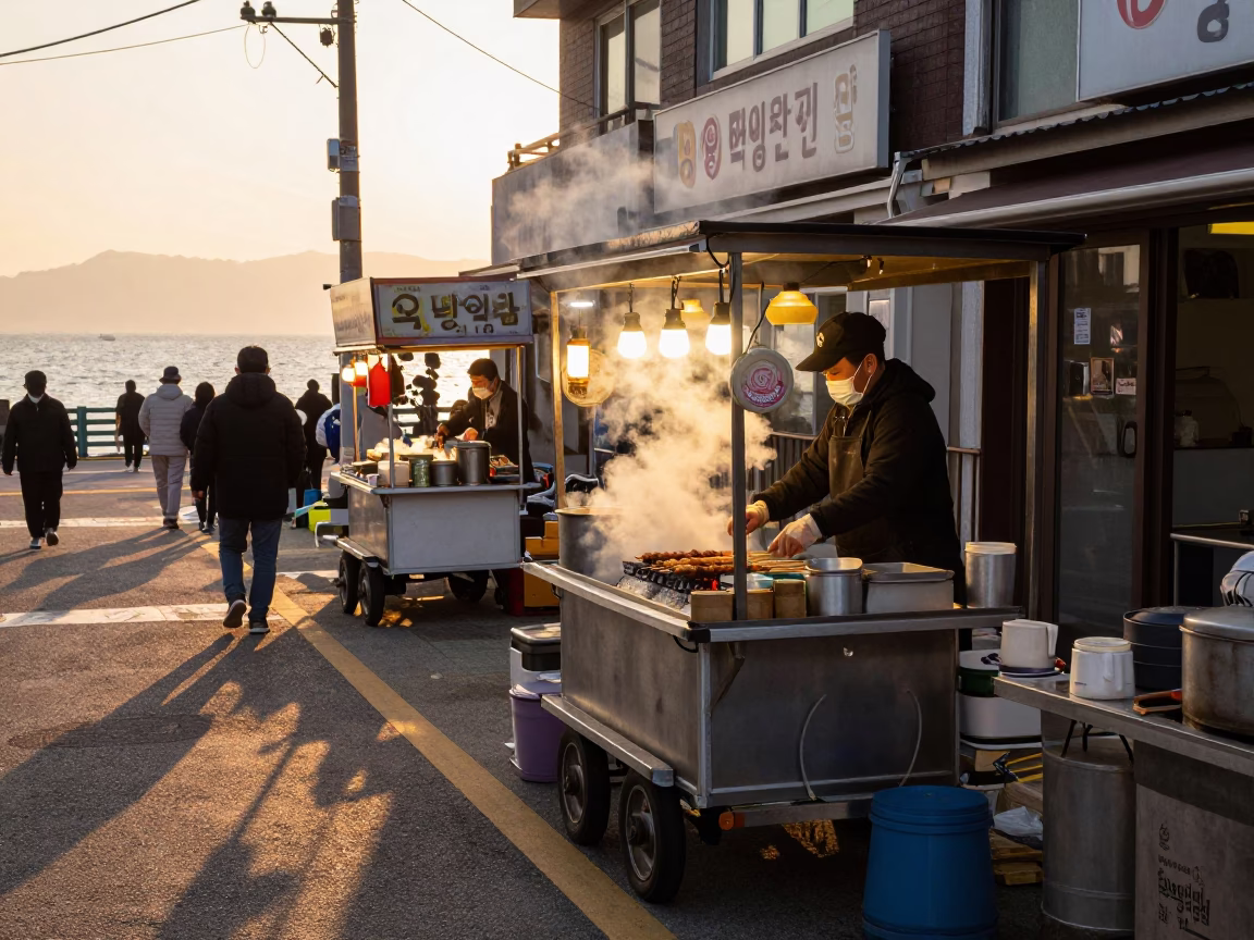 Food Stall in Busan at Honeyed Evening Light in in Busan, South Korea