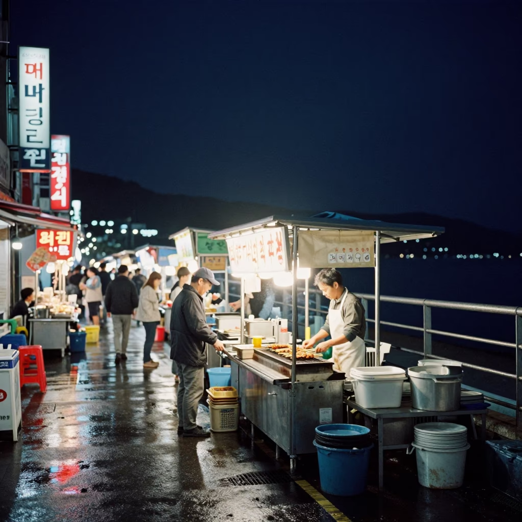 Food Stall in Busan at The Deepest Night Sky Light in in Busan, South Korea