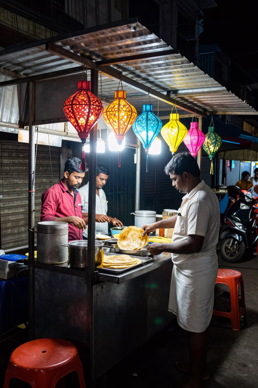 Food Stall in Chennai at Late At Night Light in in Chennai, India