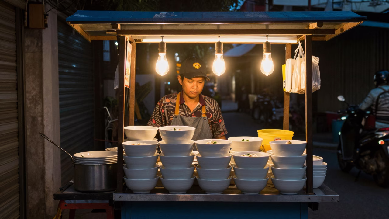 Food Stall in Chiang Mai at As City Lights Begin To Glow in in Chiang Mai, Thailand