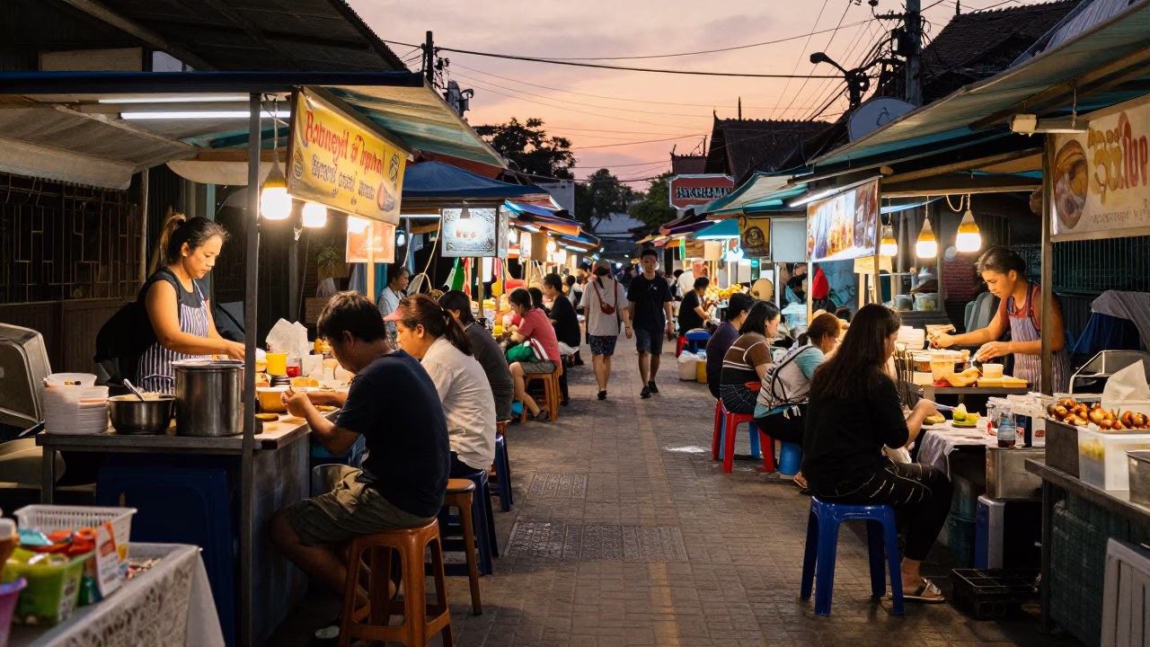 Food Stall in Chiang Mai at Honeyed Evening Light in in Chiang Mai, Thailand