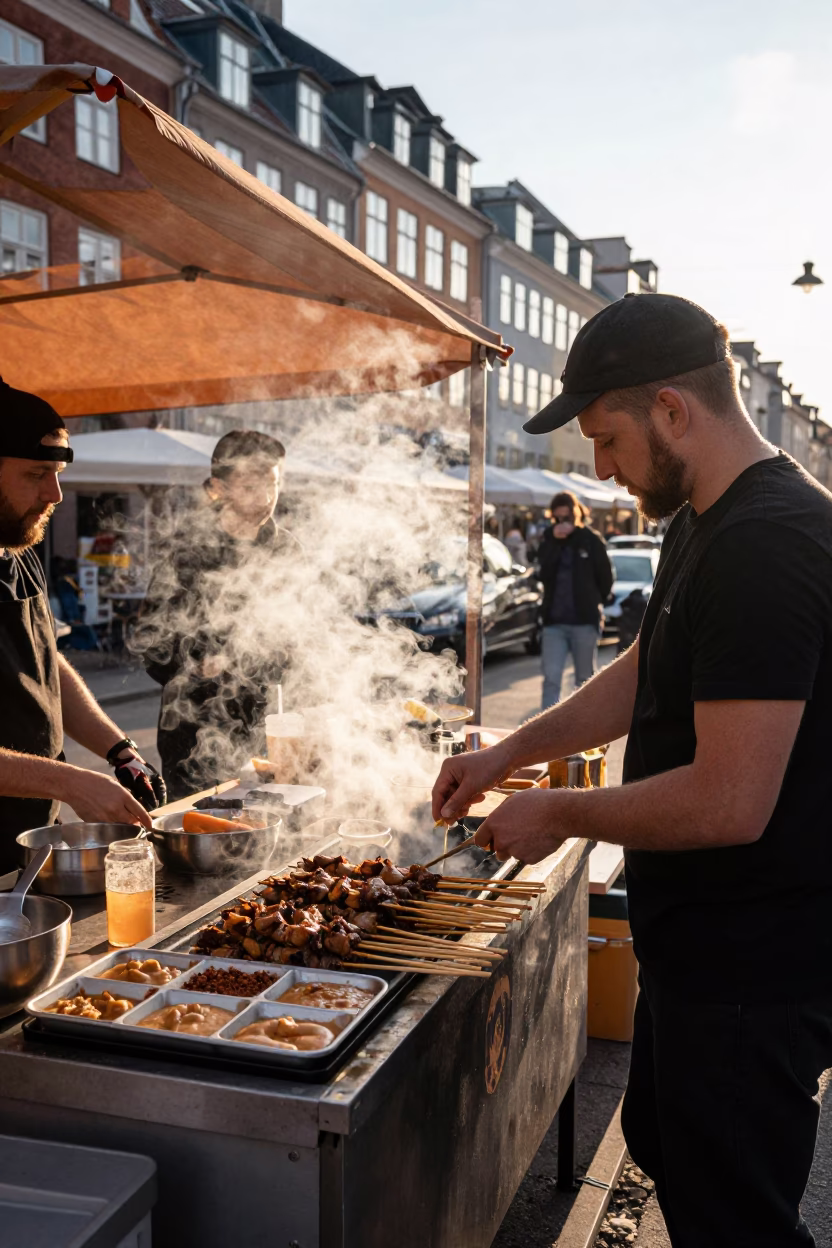 Food Stall in Copenhagen at The Early Afternoon Light in in Copenhagen, Denmark