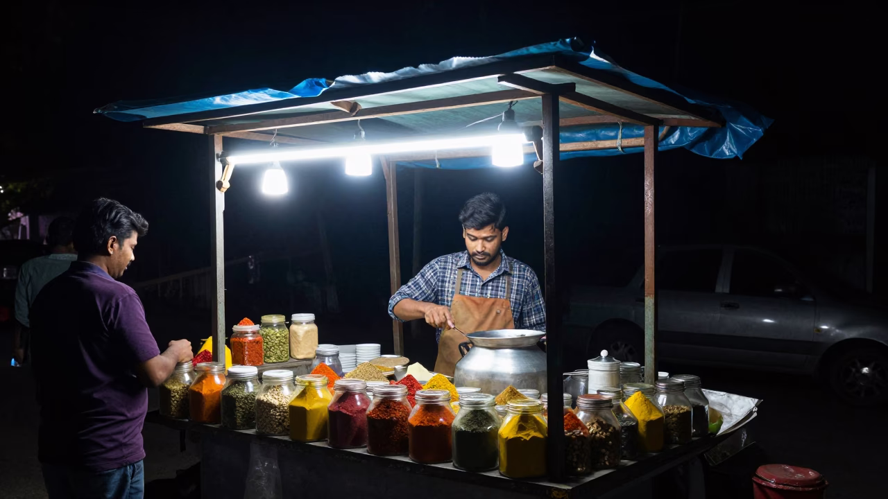 Food Stall in Delhi at The Deepest Night Sky Light in in Delhi, India