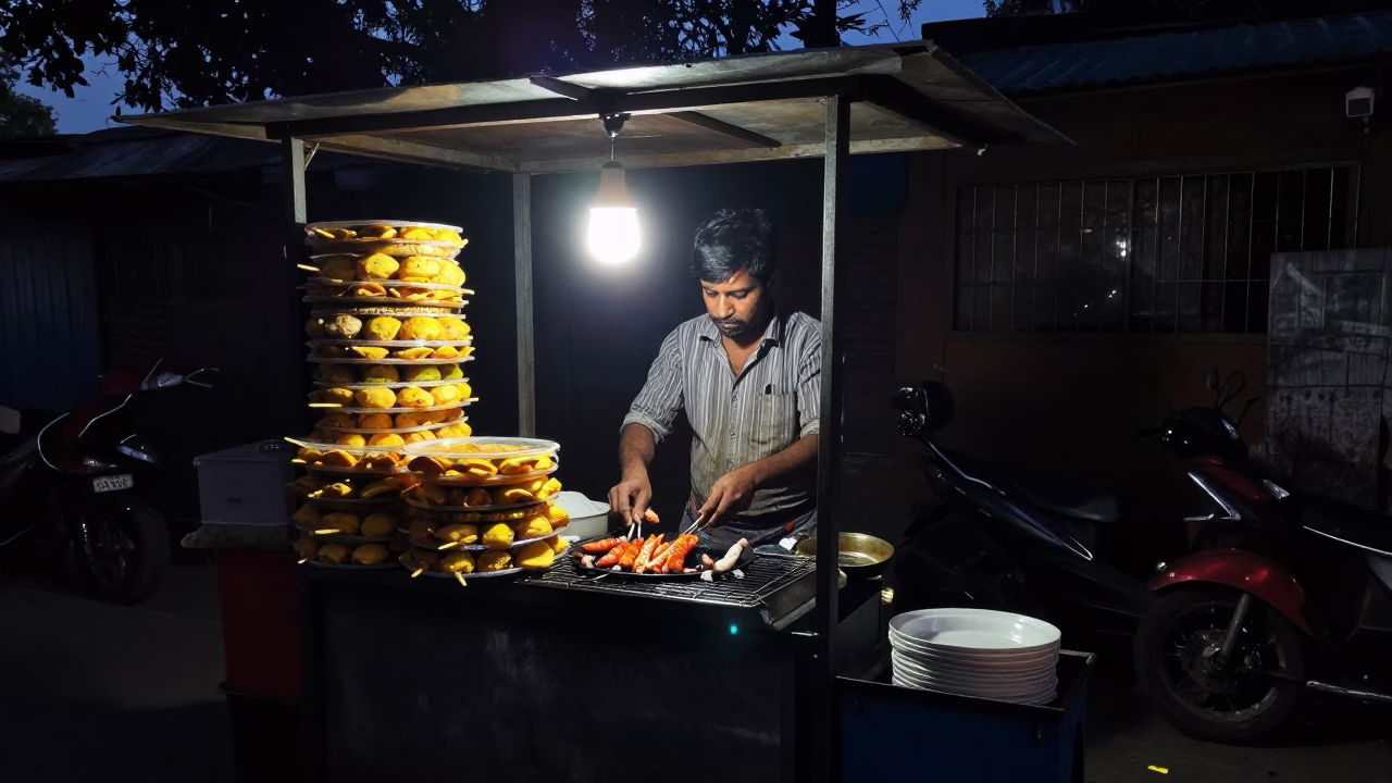 Food Stall in Delhi at The Predawn Darkness Light in in Delhi, India