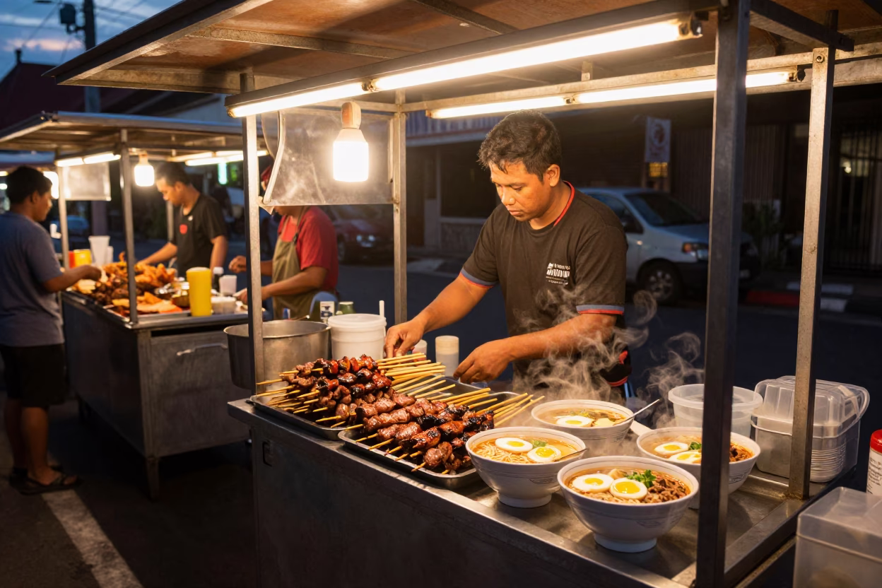 Food Stall in Denpasar at Copper-toned Light Before Dusk in in Denpasar, Indonesia