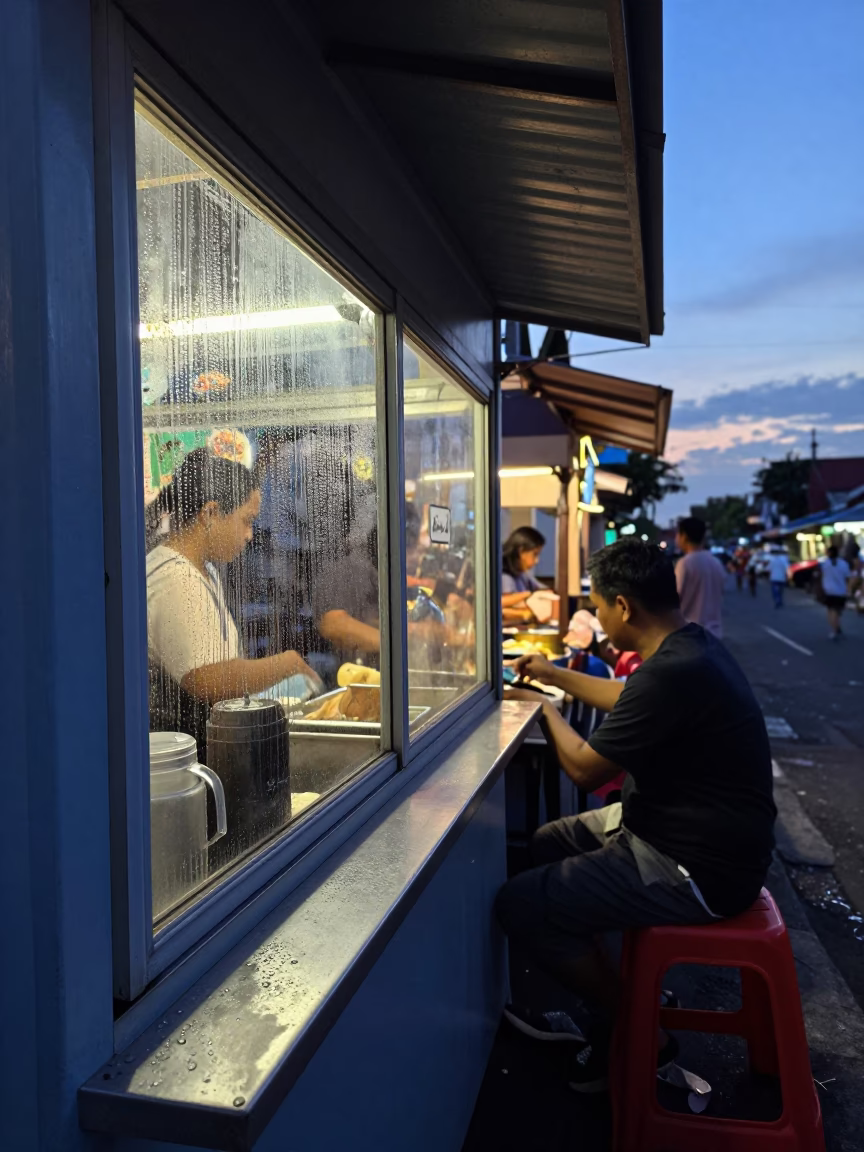 Food Stall in Denpasar at The Still Hours Before Dawn Light in in Denpasar, Indonesia