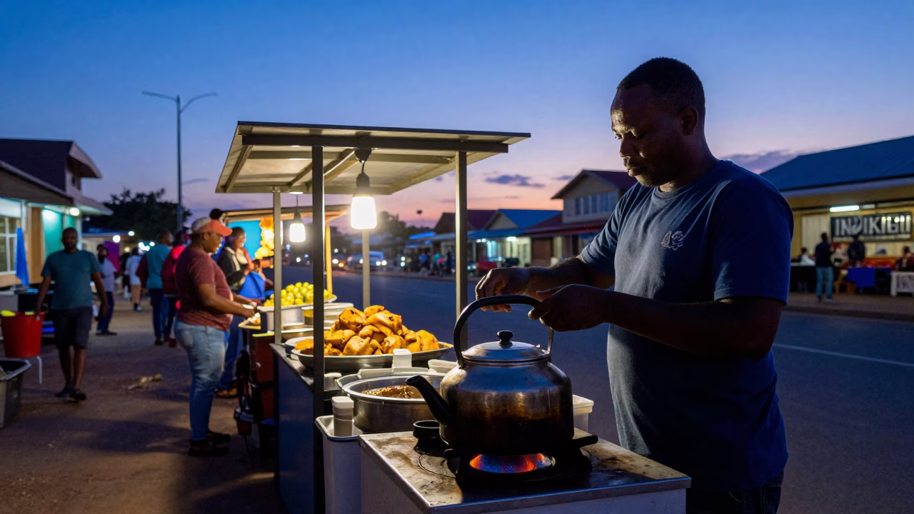 Food Stall in Durban at Indigo Twilight After Sunset in in Durban, South Africa