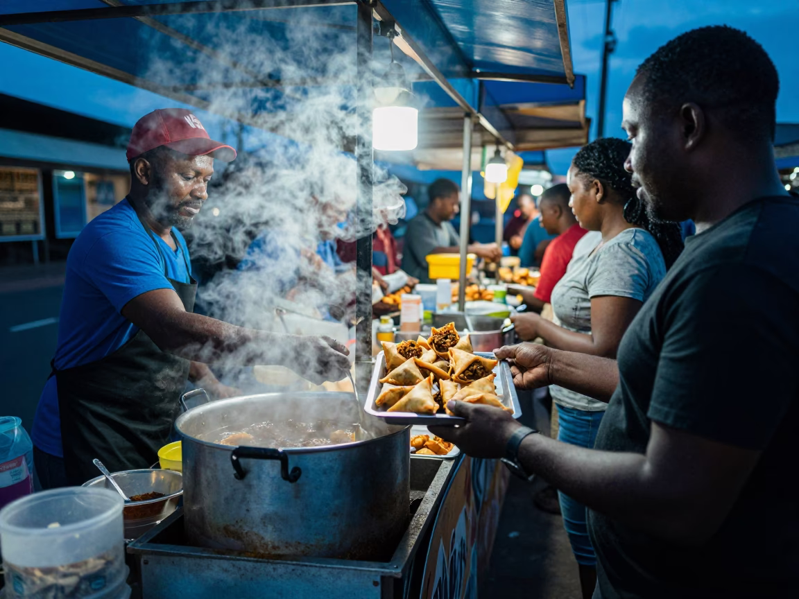 Food Stall in Durban at The Last Blue Light Of Evening in in Durban, South Africa