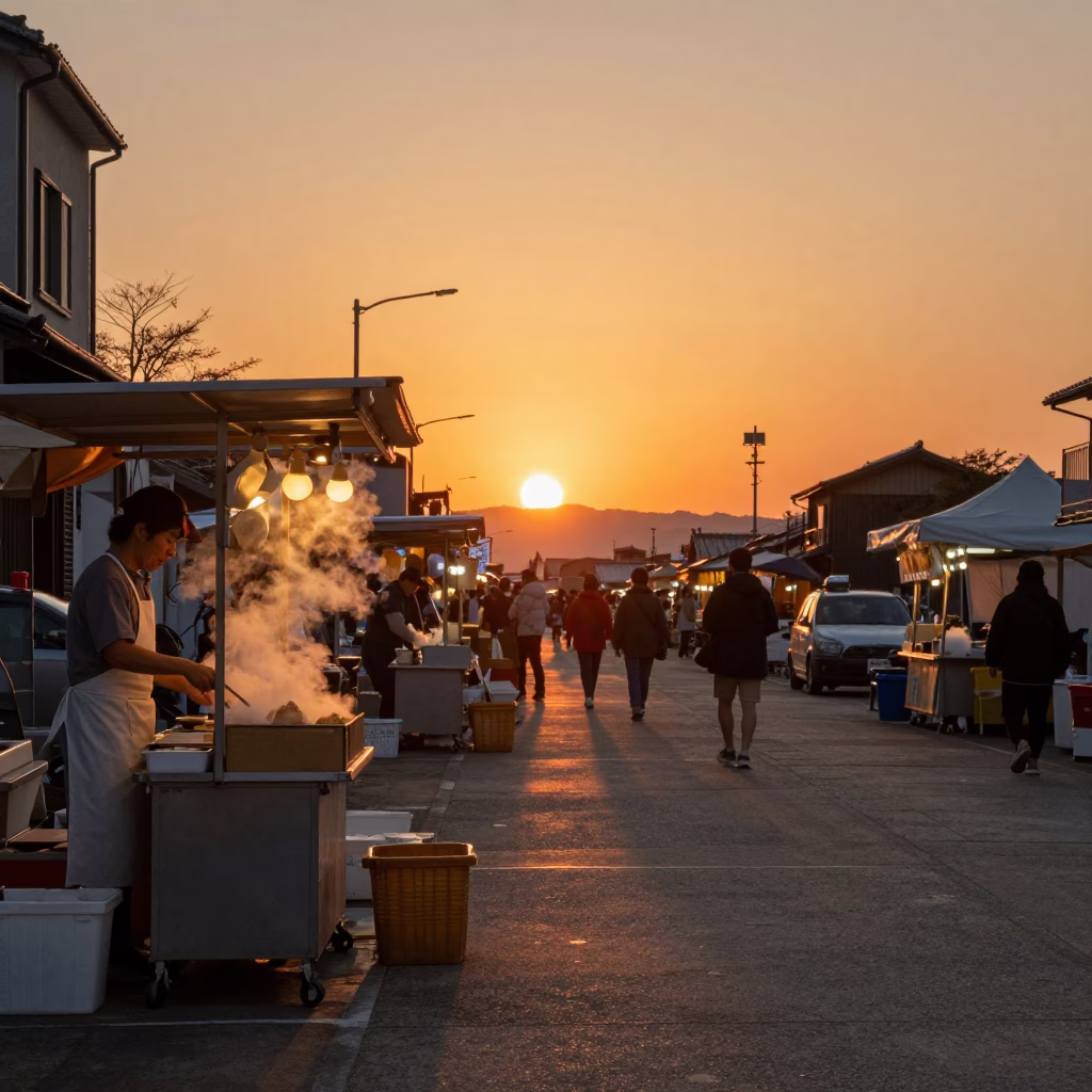 Food Stall in Fukuoka at As The Sun Drops Toward The Horizon in in Fukuoka, Japan