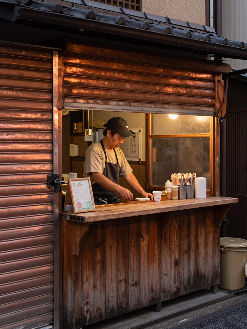 Food Stall in Fukuoka at Copper-toned Light Before Dusk in in Fukuoka, Japan