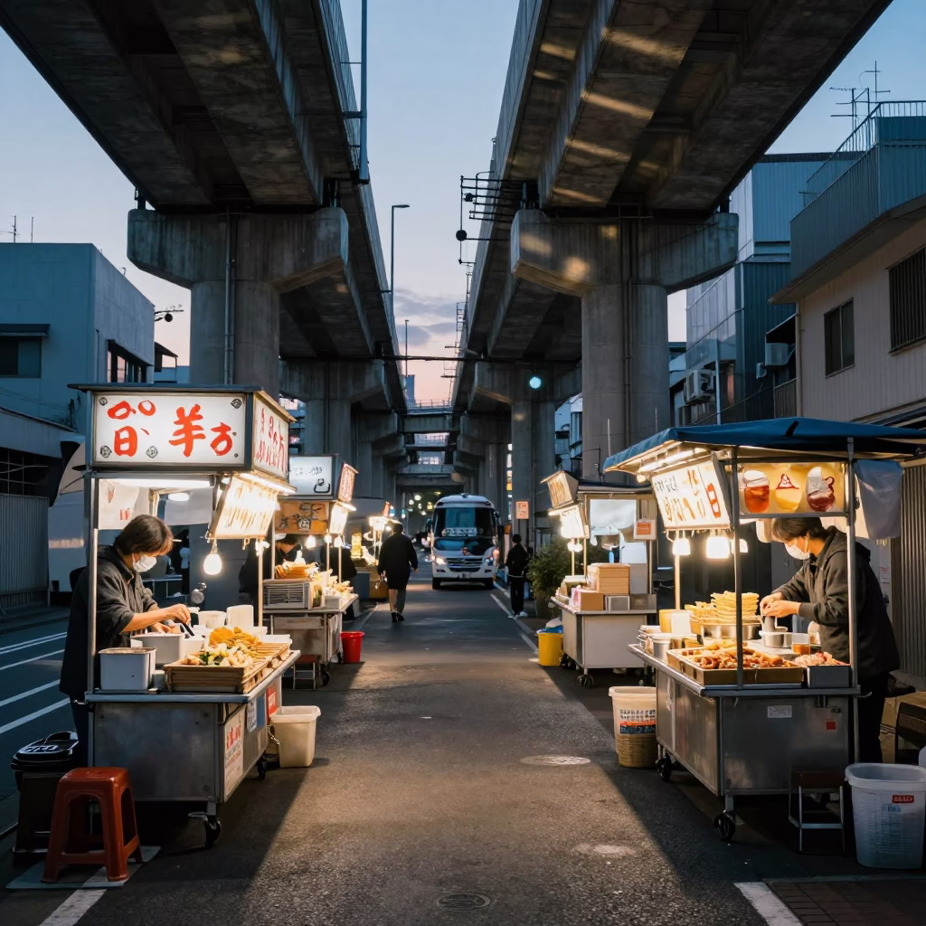 Food Stall in Fukuoka at Sunrise Light in in Fukuoka, Japan