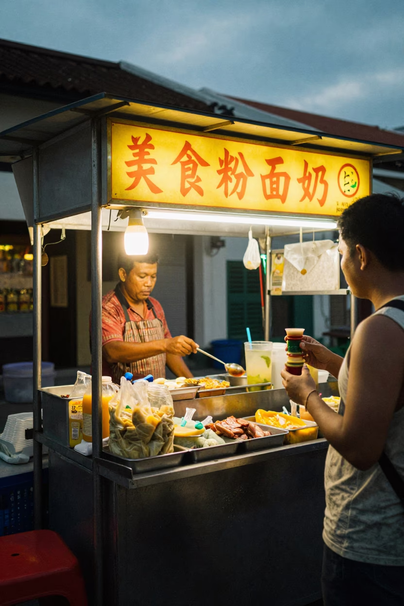 Food Stall in George Town at As City Lights Begin To Glow in in George Town, Malaysia
