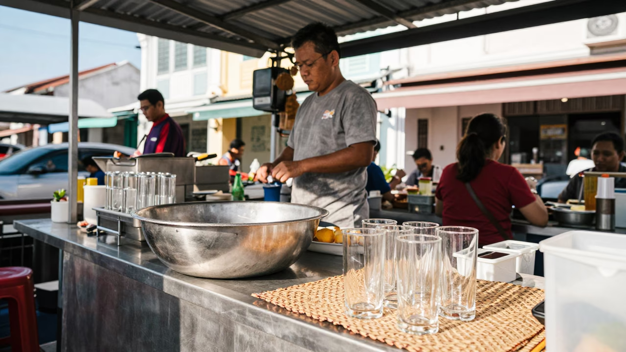 Food Stall in George Town at Bright Midmorning Light in in George Town, Malaysia