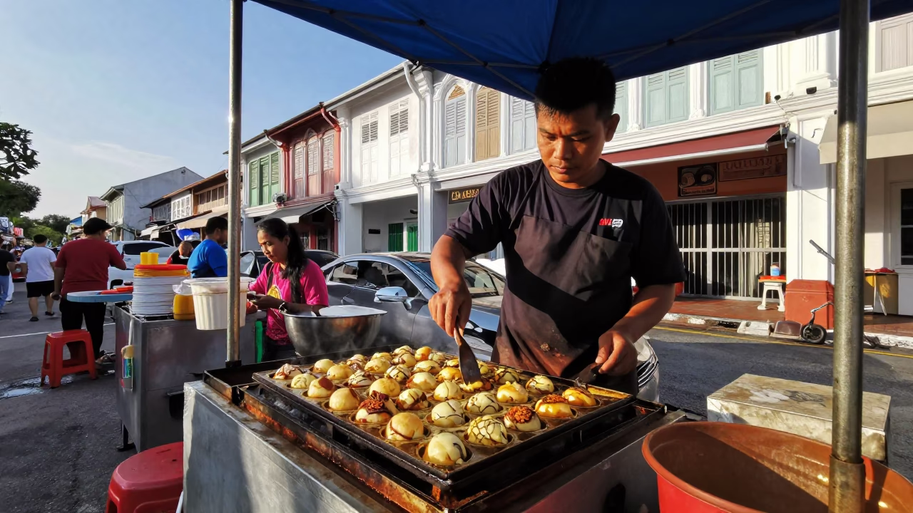 Food Stall in George Town at Clear Late-afternoon Light in in George Town, Malaysia