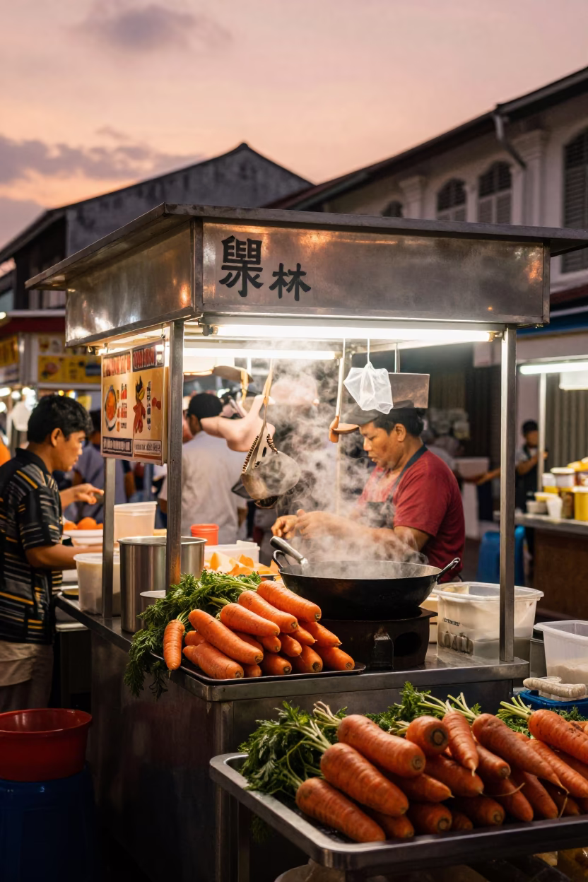 Food Stall in George Town at Copper-toned Light Before Dusk in in George Town, Malaysia