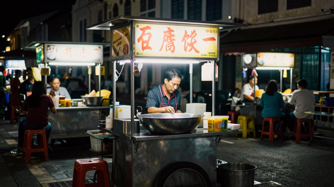 Food Stall in George Town at Late At Night Light in in George Town, Malaysia