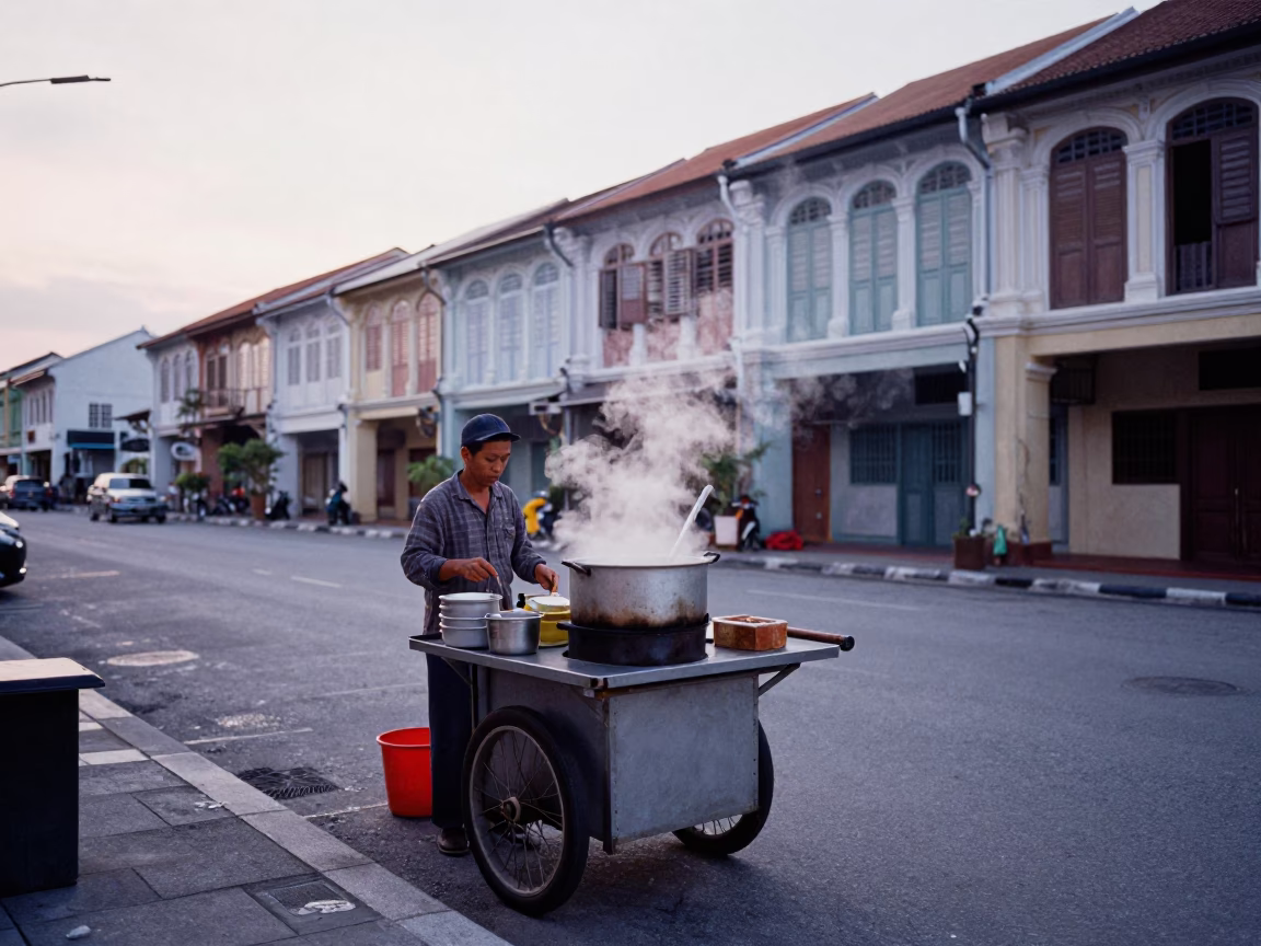 Food Stall in George Town at Sunrise Light in in George Town, Malaysia