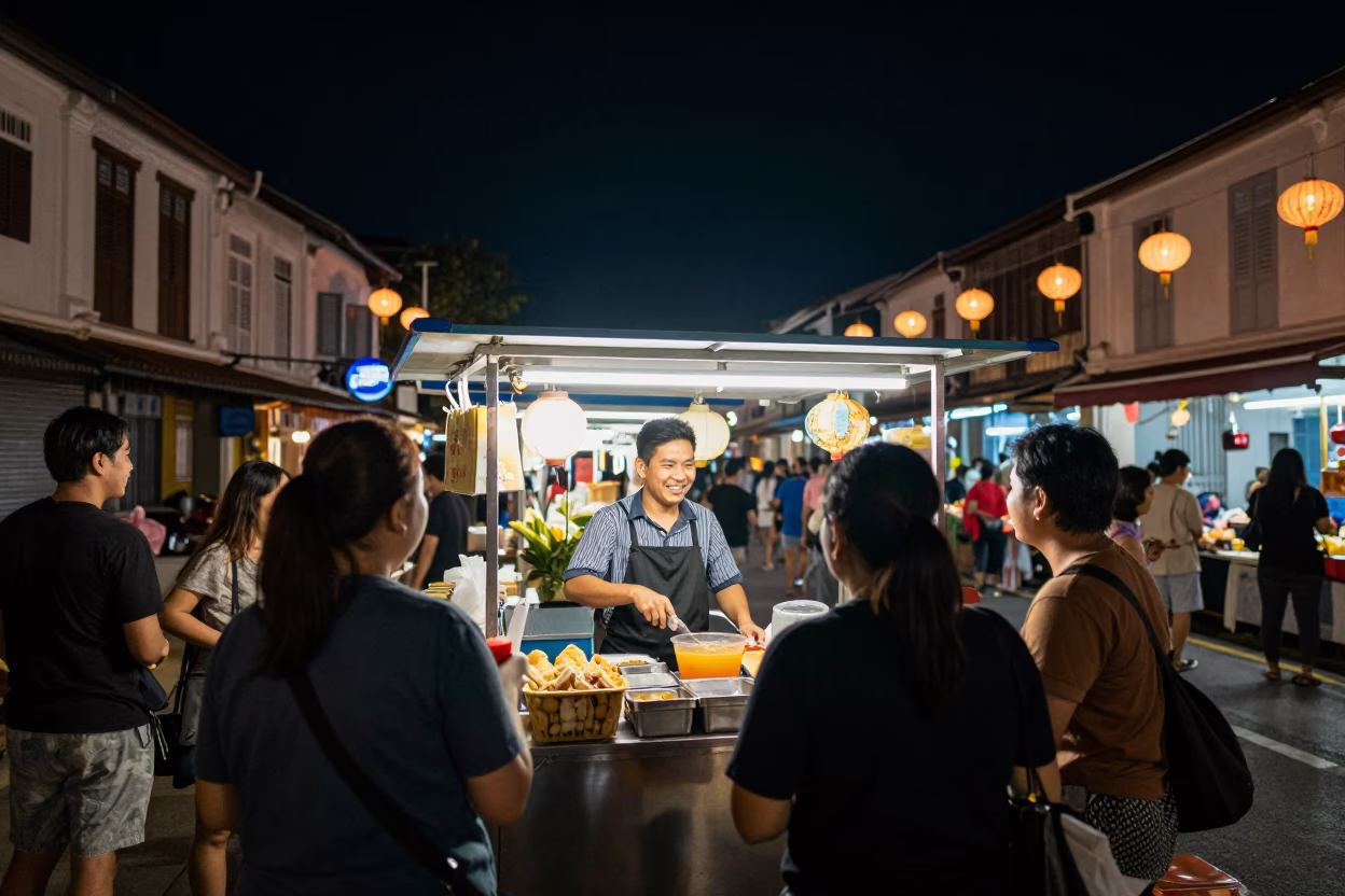 Food Stall in George Town at The Deepest Night Sky Light in in George Town, Malaysia