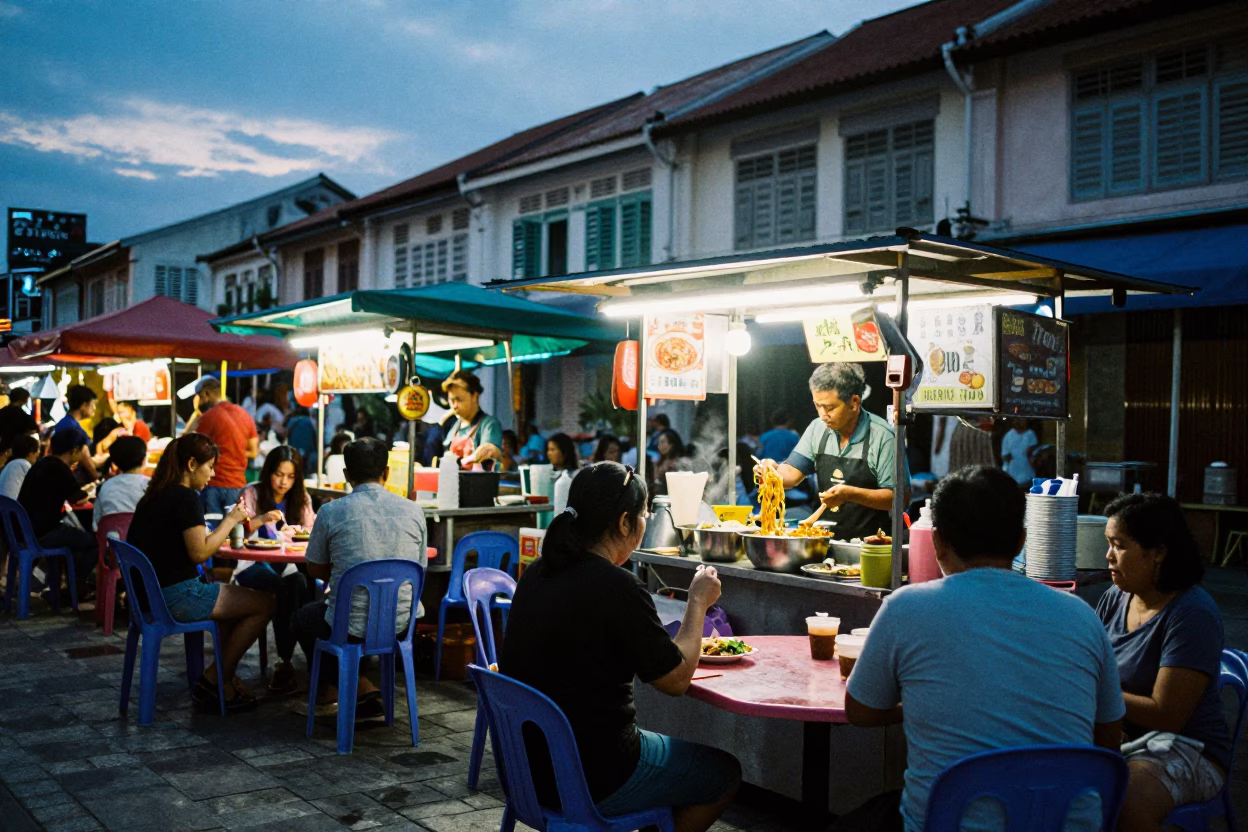 Food Stall in George Town at The Early Evening Light in in George Town, Malaysia