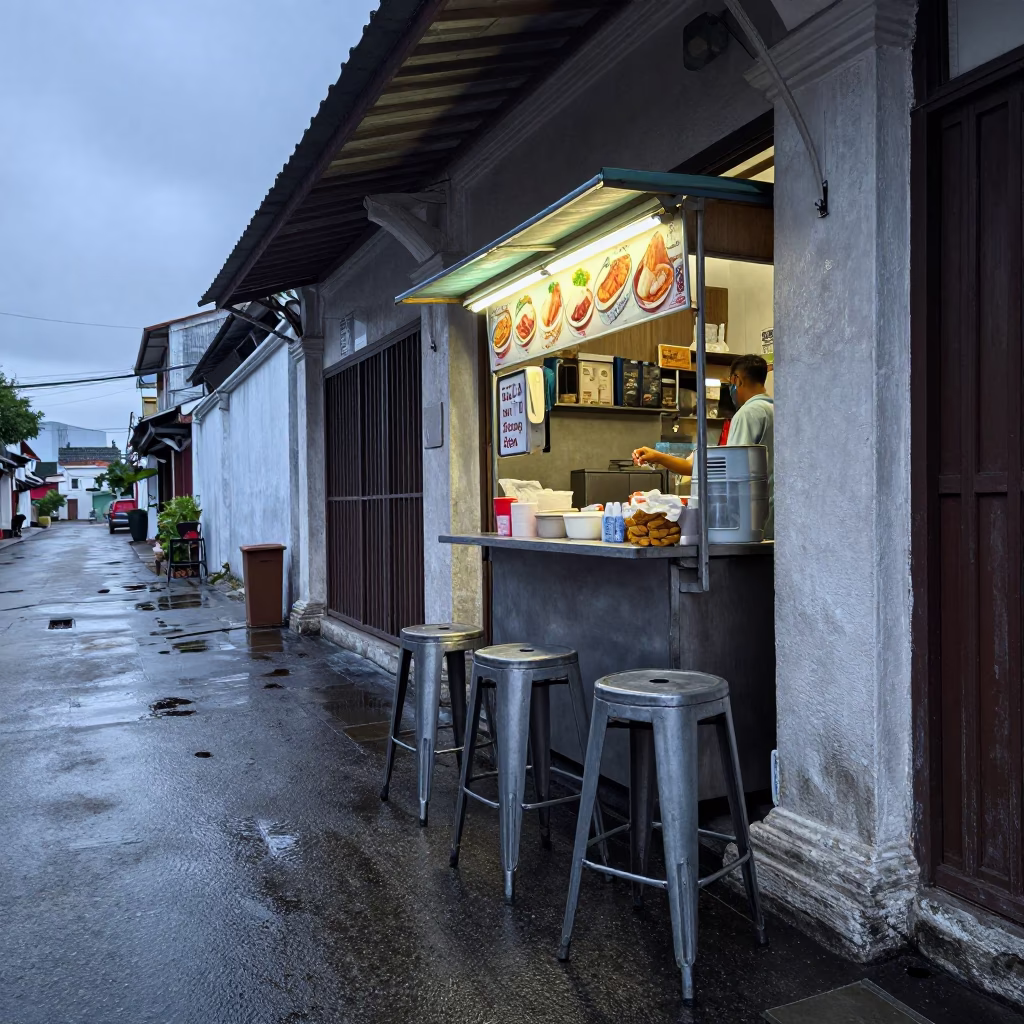 Food Stall in George Town at The Early Morning Light in in George Town, Malaysia