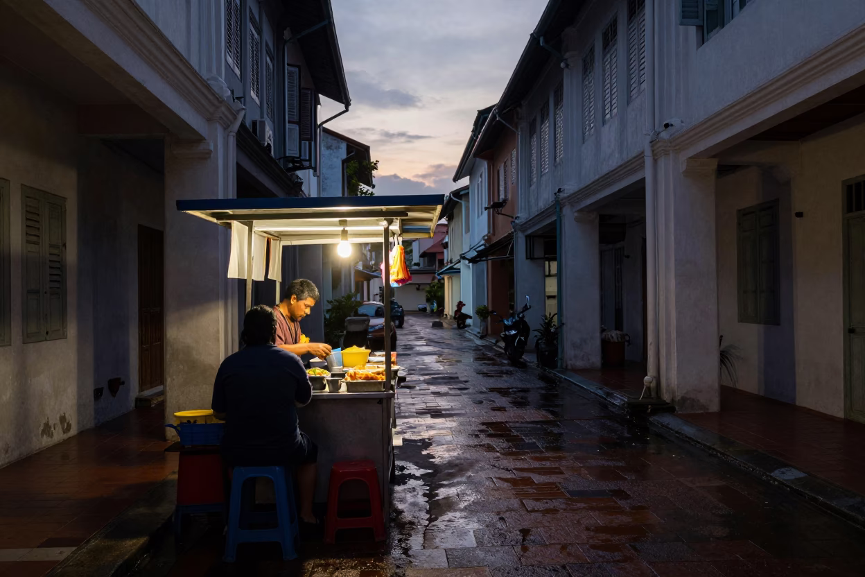Food Stall in George Town at The Still Hours Before Dawn Light in in George Town, Malaysia