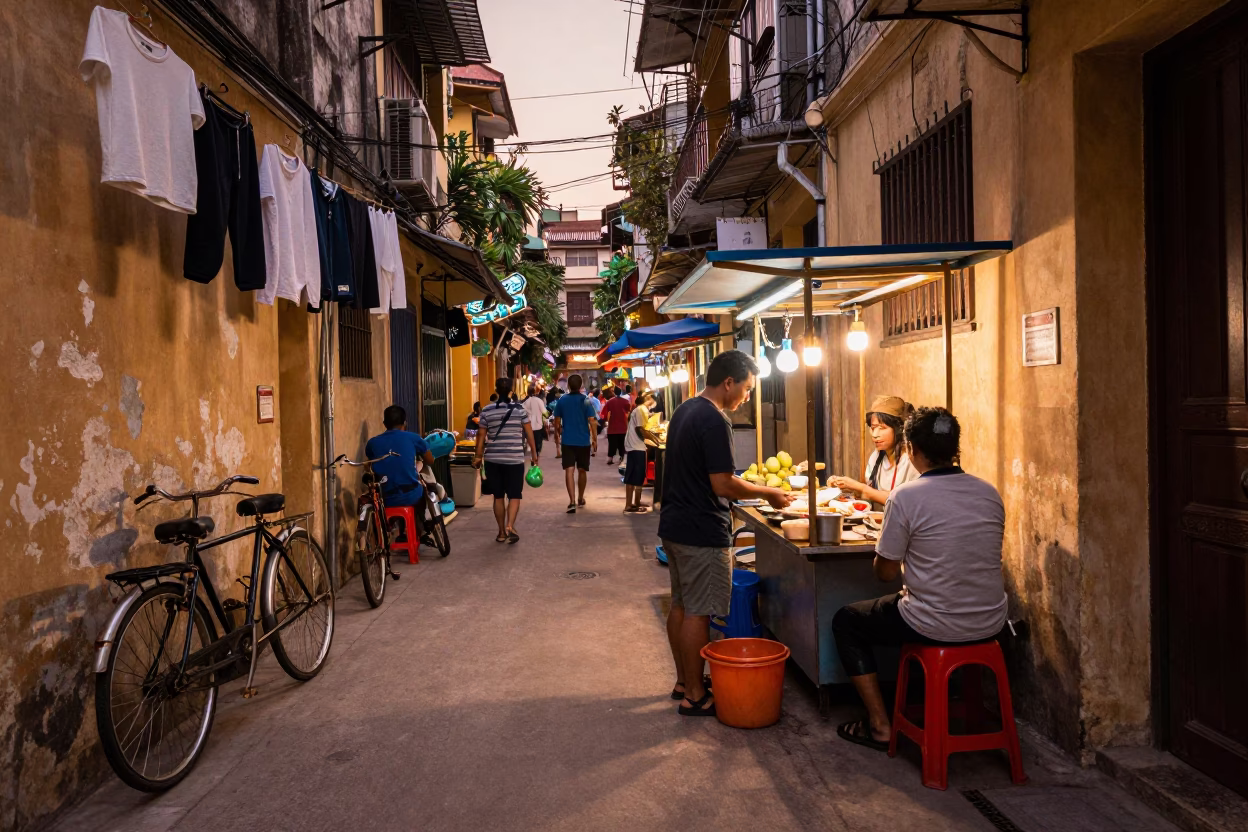 Food Stall in Hanoi at Copper-toned Light Before Dusk in in Hanoi, Vietnam