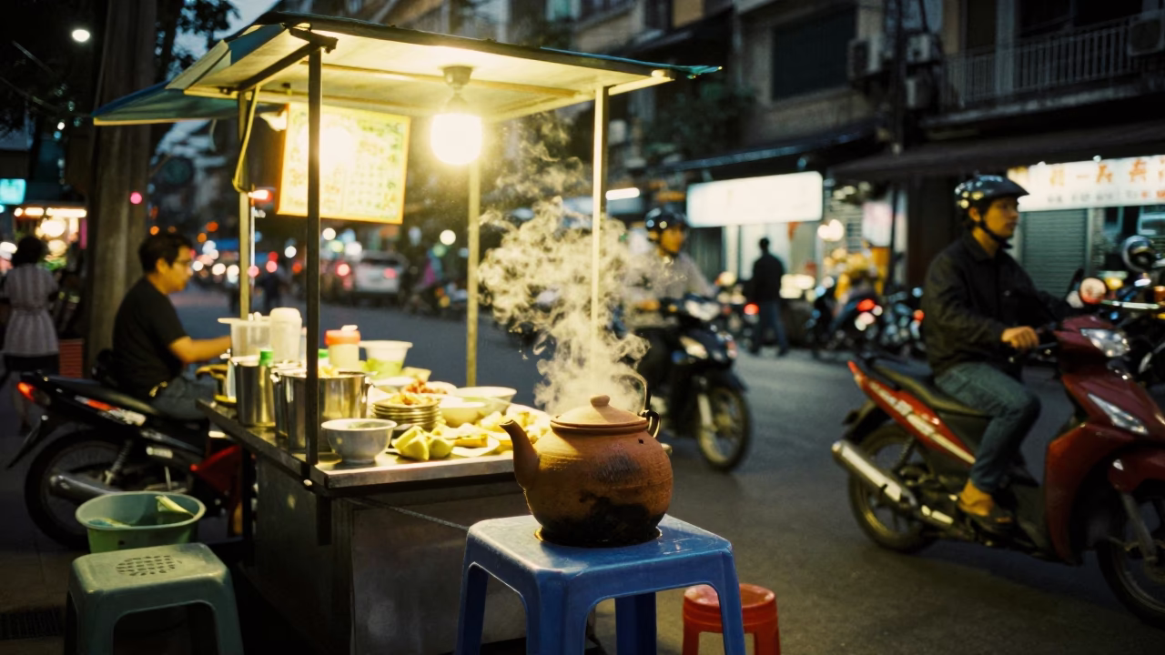 Food Stall in Hanoi at Late At Night Light in in Hanoi, Vietnam