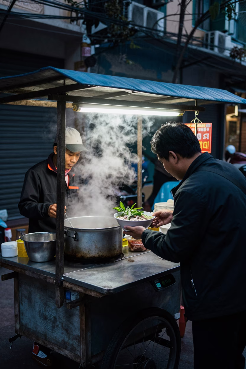 Food Stall in Hanoi at Sunrise Light in in Hanoi, Vietnam